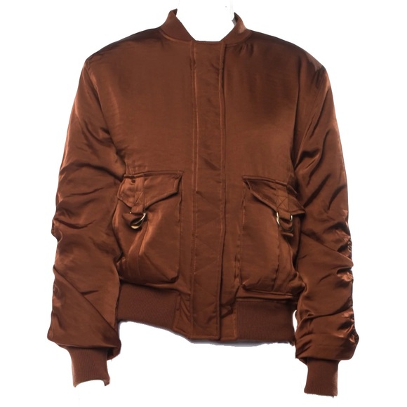 House Of Harlow 1960 Satin Bomber Jacket Women’s Medium Metallic Brown Ruched - Picture 2 of 16